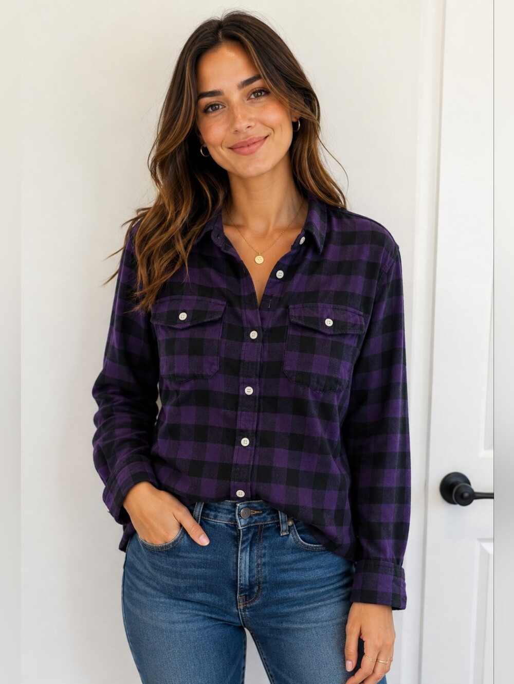 Tailor Vintage Purple and Black Plaid Button-Down Shirt